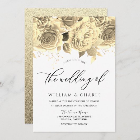 金エレガントの花四季結婚の 招待状 (正面/裏面)