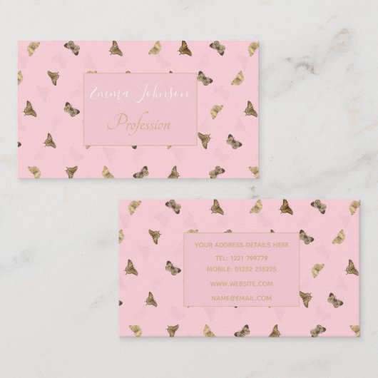 金エレガントの蝶ピンクのパターン 名刺 (正面/裏面)
