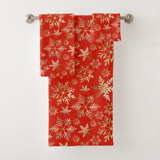 金エレガントの雪片ラバレッドクリスマス バスタオルセット (インサイチュ)