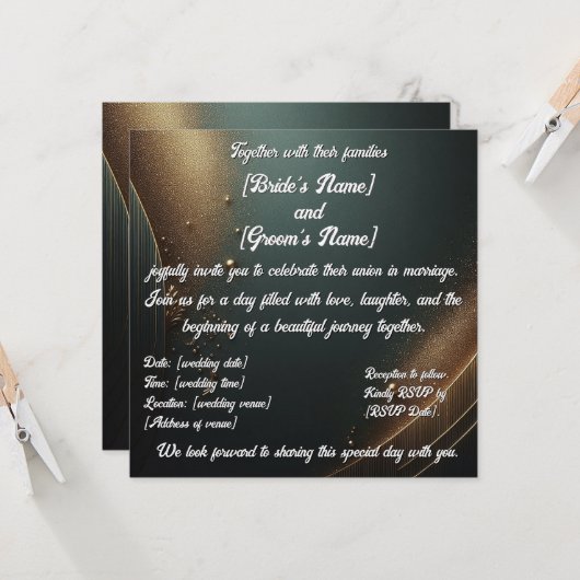 金エレガントターコイズ結婚式招待状 招待状 (正面/裏面インサイチュ)