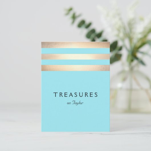 金エレガントフェイク箔ストライプのターコイズブルー ポストカード (スタンド正面)