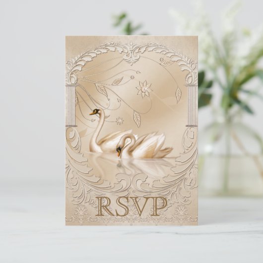 金エレガントフォーマルのスワン華美ズ結婚式RSVP 出欠カード (スタンド正面)