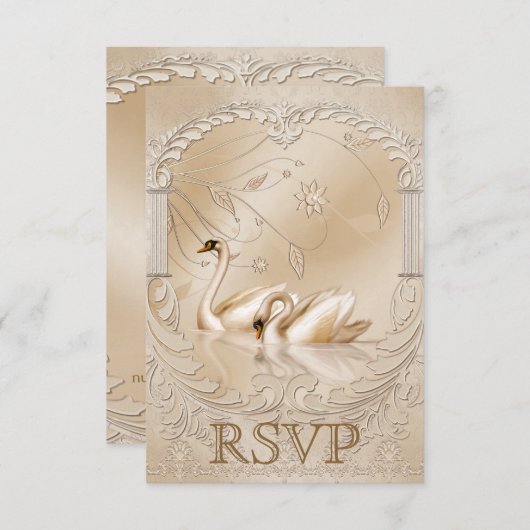 金エレガントフォーマルのスワン華美ズ結婚式RSVP 出欠カード (正面/裏面)