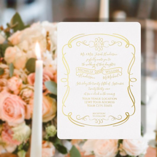 金エレガントフォーマル箔ヴィンテージ結婚軸 箔招待状