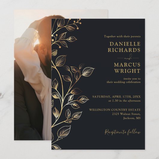 金エレガントフローラ写結婚真 招待状 (正面/裏面)