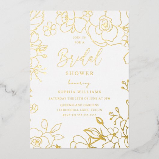 金エレガントブライダルシャワー花実在金ゴールド 箔招待状 (正面)
