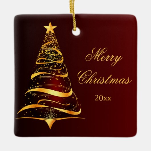 金エレガントミニマル樹メリークリスマス セラミックオーナメント (正面)