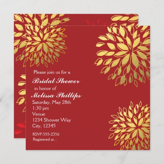 金エレガントモダン箔フローラダークレッド招待状 招待状 (正面/裏面)