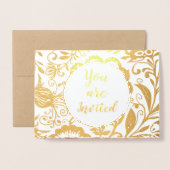 金エレガント実在箔フローラ結婚式招待状 箔カード (封筒付き正面)