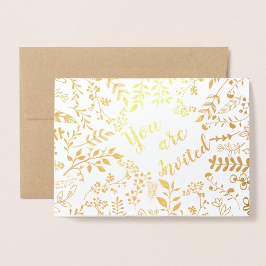 金エレガント実在箔フローラ結婚式招待状 箔カード (封筒付き正面)