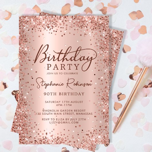 金エレガント属バラ金ゴールドグリッター90誕生日 招待状