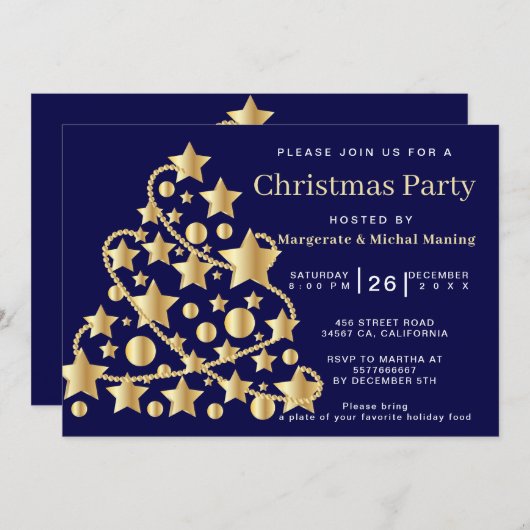 金エレガント樹伝統的クリスマスパーティー 招待状 (正面/裏面)