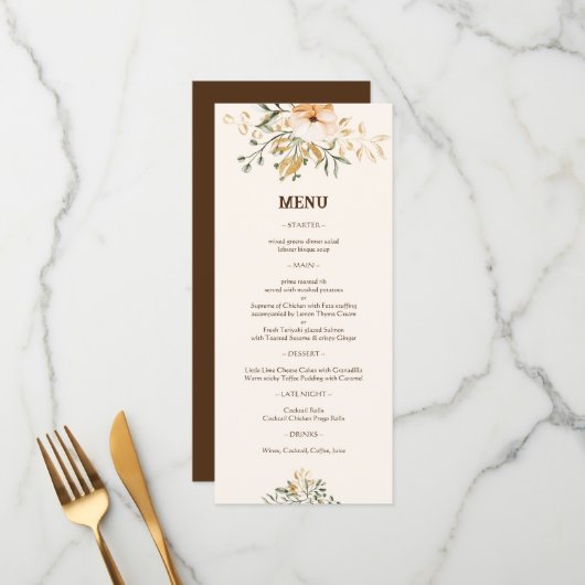 金エレガント秋の花結婚の メニュー (正面/裏面インサイチュ)