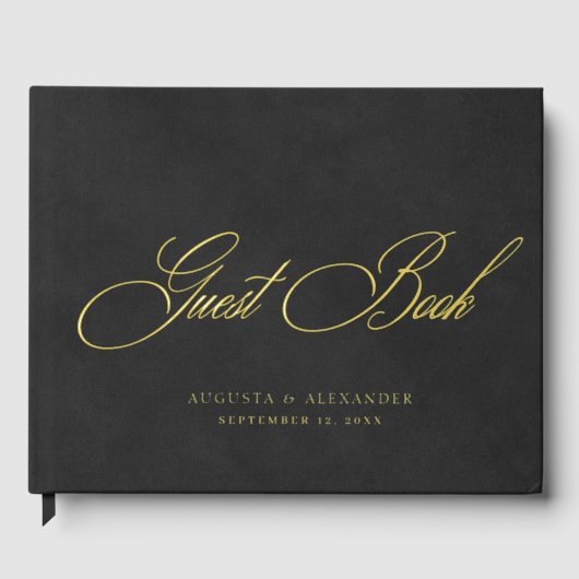 金エレガント箔とブラックベルベット結婚模倣 ゲストブック (正面)