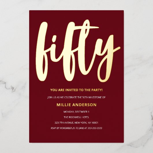 金エレガント箔と深い赤50th誕生日パーティー 箔招待状 (正面)