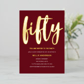 金エレガント箔と深い赤50th誕生日パーティー 箔招待状 (立ち正面)
