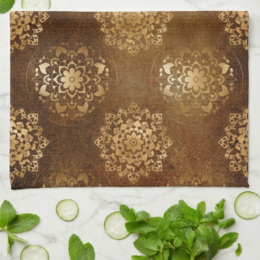 金エレガント箔と黒インディアン曼荼羅 キッチンタオル (折り畳み)