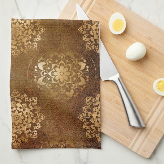 金エレガント箔と黒インディアン曼荼羅 キッチンタオル (四つ折り)