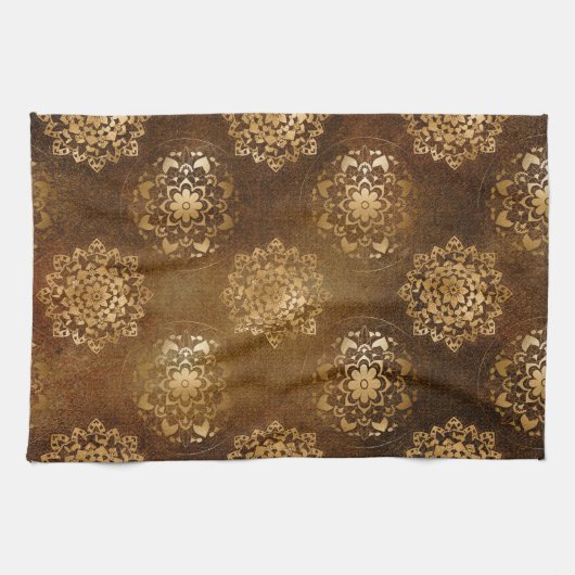 金エレガント箔と黒インディアン曼荼羅 キッチンタオル (横)