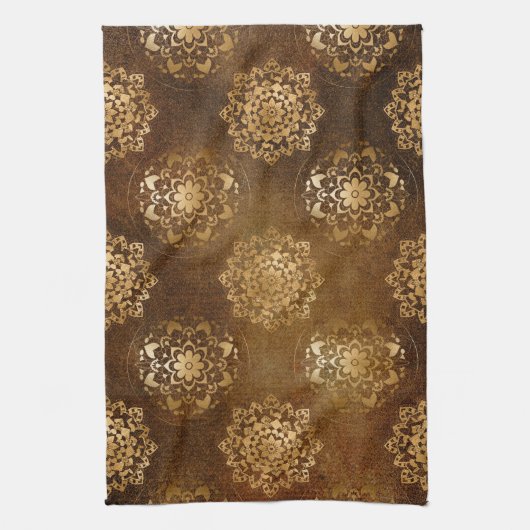 金エレガント箔と黒インディアン曼荼羅 キッチンタオル (縦)