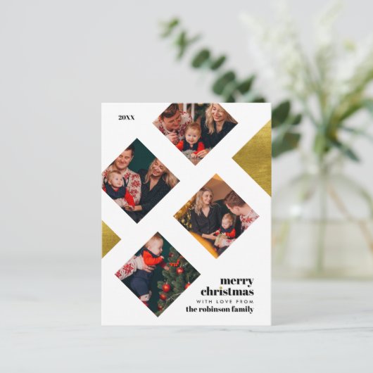 金エレガント箔と4枚の写真クリスマスホリデー ポストカード (スタンド正面)