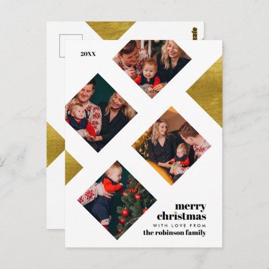 金エレガント箔と4枚の写真クリスマスホリデー ポストカード (正面/裏面)