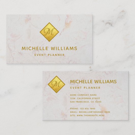 金エレガント箔のフェイクモノグラム白い大理石 名刺 (正面/裏面)