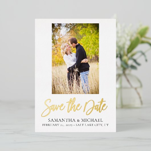 金エレガント箔の写真日付のカー結婚ドを保存 箔招待状 (立ち正面)