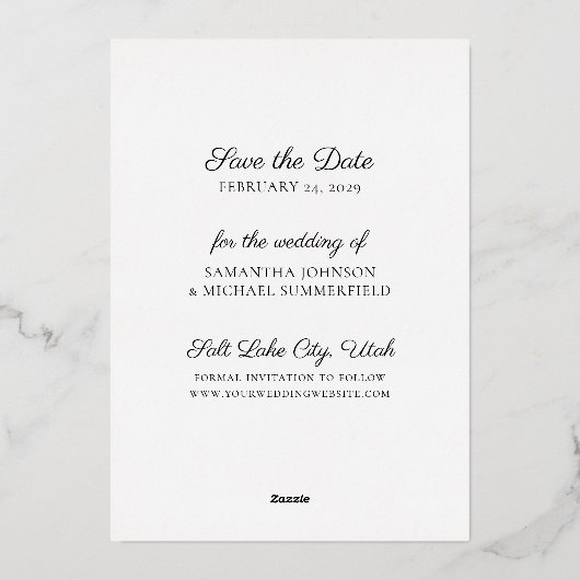 金エレガント箔の写真日付のカー結婚ドを保存 箔招待状 (裏面)