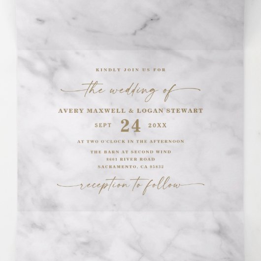 金エレガント箔を使用したグレーと白の結婚大理石 三つ折り招待状 (内部中)