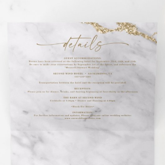 金エレガント箔を使用したグレーと白の結婚大理石 三つ折り招待状 (内部最初)