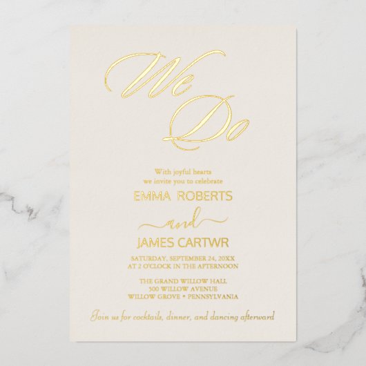 金エレガント箔アイボリーが花開く「我々は」結婚の 箔招待状 (正面)