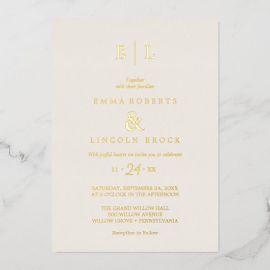 金エレガント箔アイボリーモノグラ結婚ム 箔招待状 (正面)