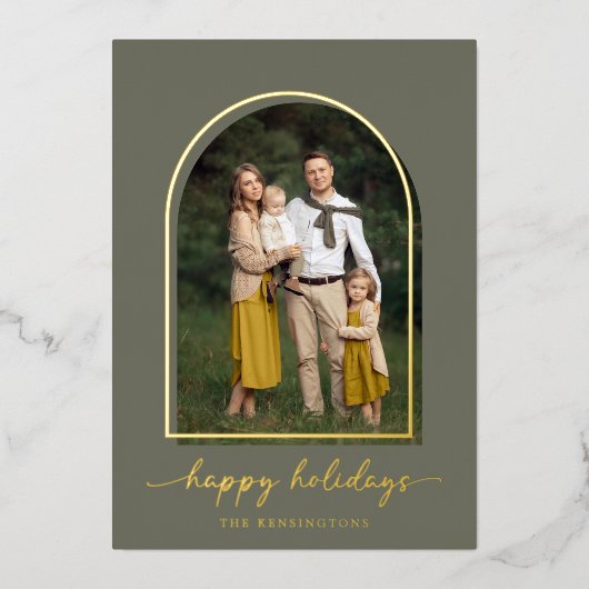 金エレガント箔アーチグリーン金ゴールドホリデーフォト 箔シーズンカード (正面)