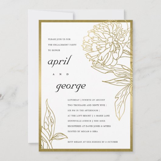 金エレガント箔クラスフローラ婚約招待状 サンキューカード (正面)