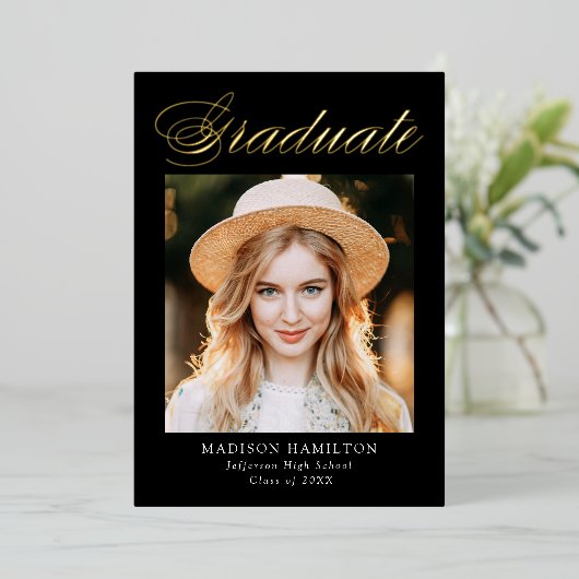 金エレガント箔スクリプトの卒業発表 箔招待状 (立ち正面)