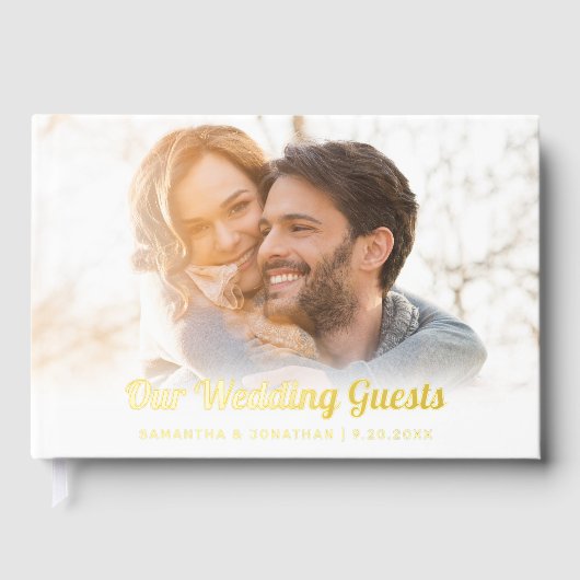 金エレガント箔スクリプト写結婚真 ゲストブック (正面)