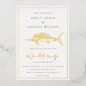 金エレガント箔セージ緑マーラインフィッシュ結婚ズ 箔招待状 (正面)