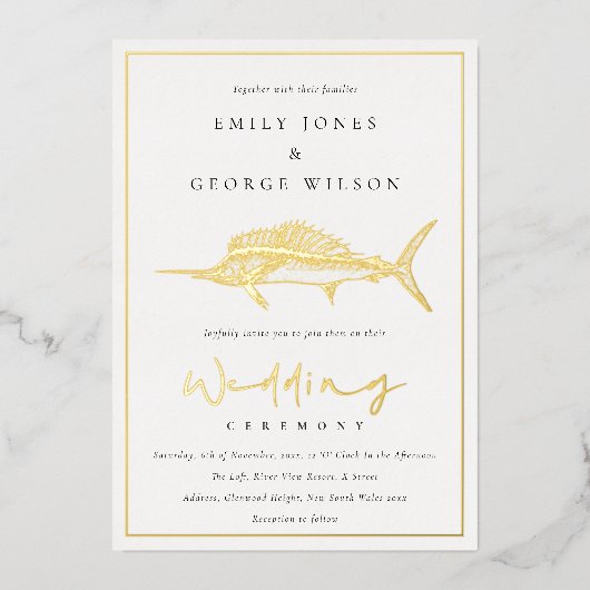 金エレガント箔セージ緑マーラインフィッシュ結婚ズ 箔招待状 (正面)