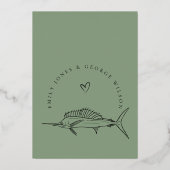 金エレガント箔セージ緑マーラインフィッシュ結婚ズ 箔招待状 (裏面)