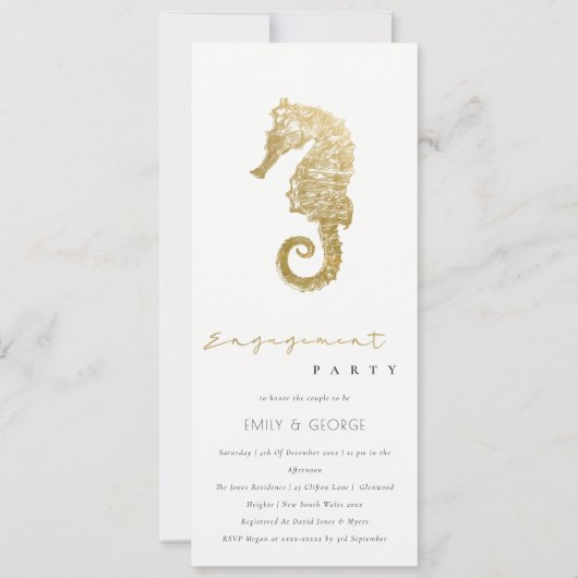 金エレガント箔ネイビーシーホース婚約パーティ 招待状 (正面)