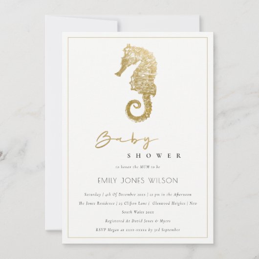 金エレガント箔ネイビーシーホース赤ちゃんシャワー招待状 サンキューカード (正面)