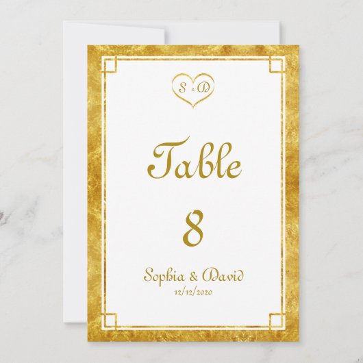 金エレガント箔ハートフレ結婚ームのテーブル番号 招待状 (正面)