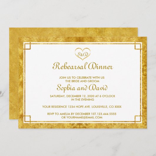 金エレガント箔ハートリハーサルディナー招待状 招待状 (正面/裏面)