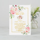 金エレガント箔ピンクの花ブライダル茶パーティー 箔招待状 (立ち正面)