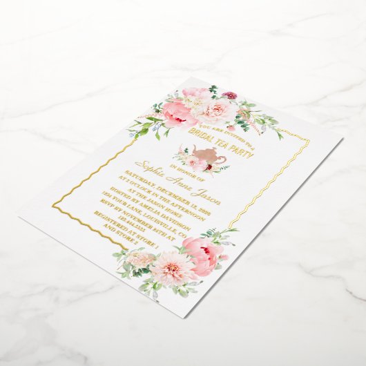 金エレガント箔ピンクの花ブライダル茶パーティー 箔招待状 (回転した状態)