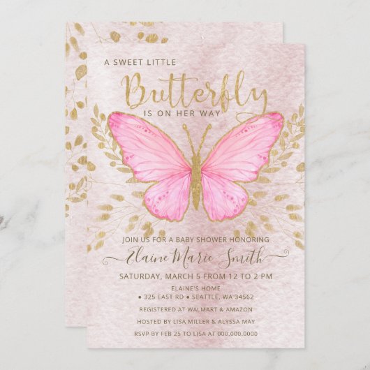 金エレガント箔ピンクバタフライベビーシャワーインヴィ 招待状 (正面/裏面)