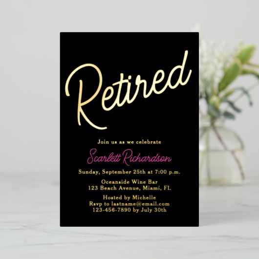 金エレガント箔ピンクブラックリタイアメントパーティー 箔招待状 (立ち正面)