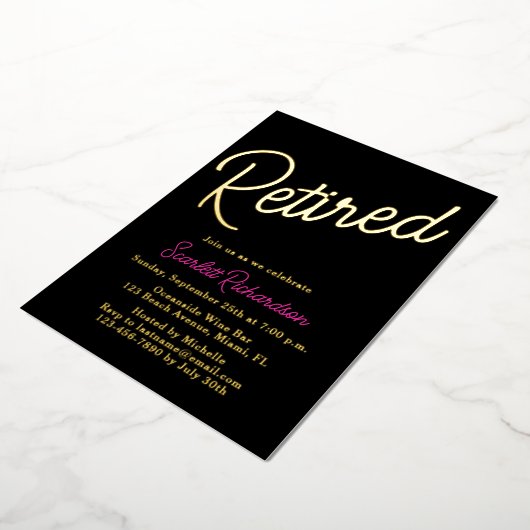 金エレガント箔ピンクブラックリタイアメントパーティー 箔招待状 (回転した状態)