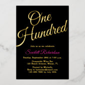 金エレガント箔ピンクブラック100th誕生日パーティー 箔招待状 (正面)